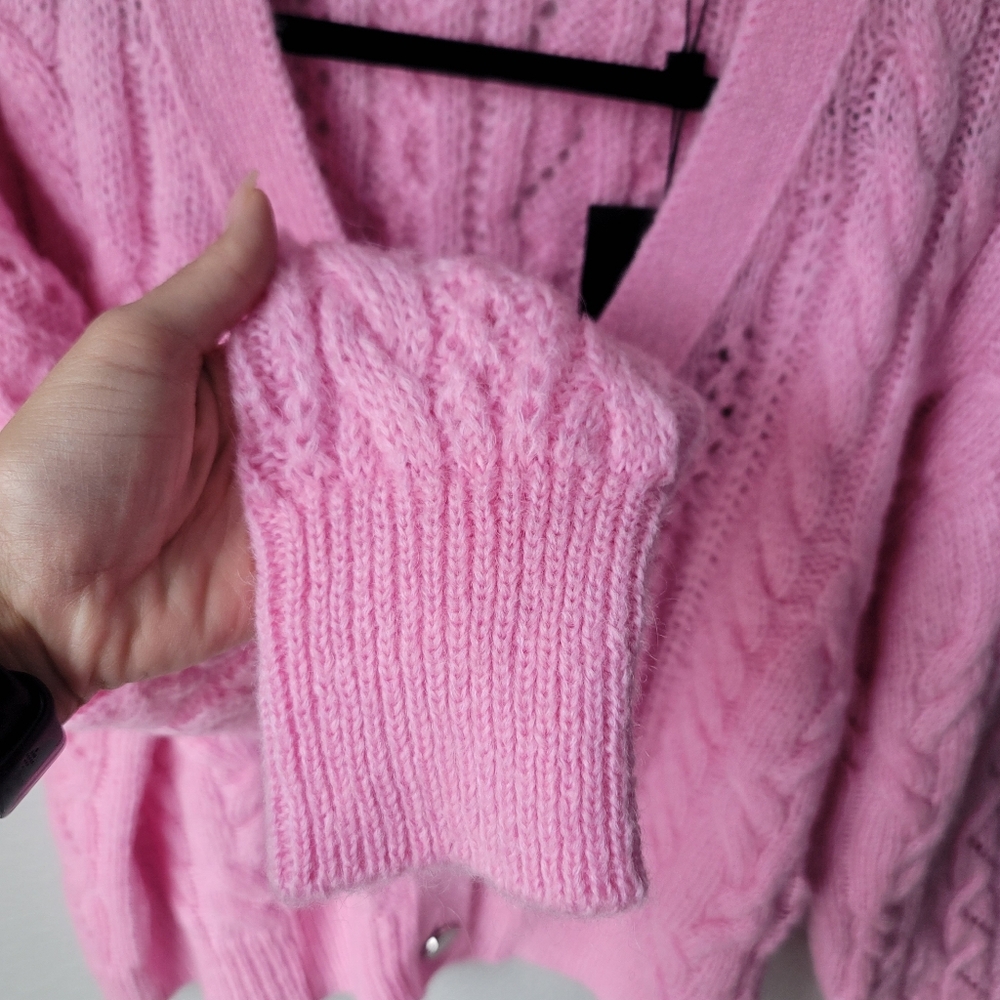 The Kooples V Neck Cable Weave Knitted Cardigan Size FR 3 US 8 In Pink NWT - Picture 5 of 9